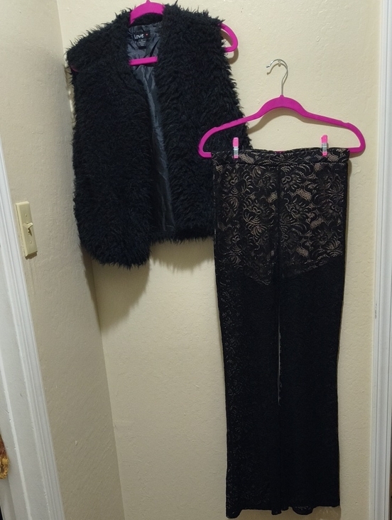 Pants - Black Faux Fur Vest and Lace Overlay Pants Set